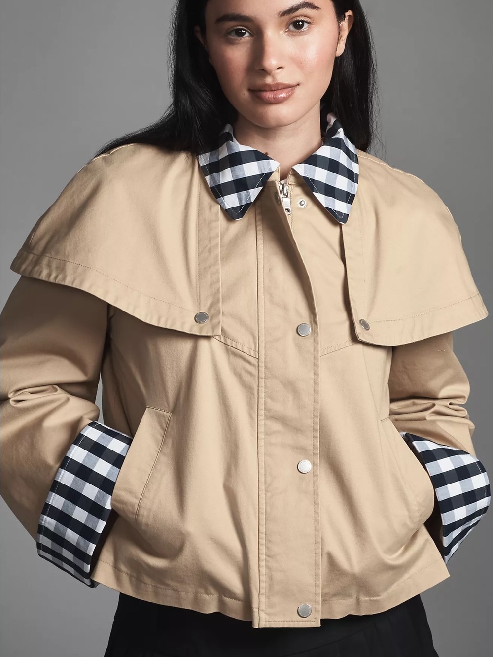 Avec Les Filles Gingham Trim Cape Trench Jacket Khaki Tan XS NWT
